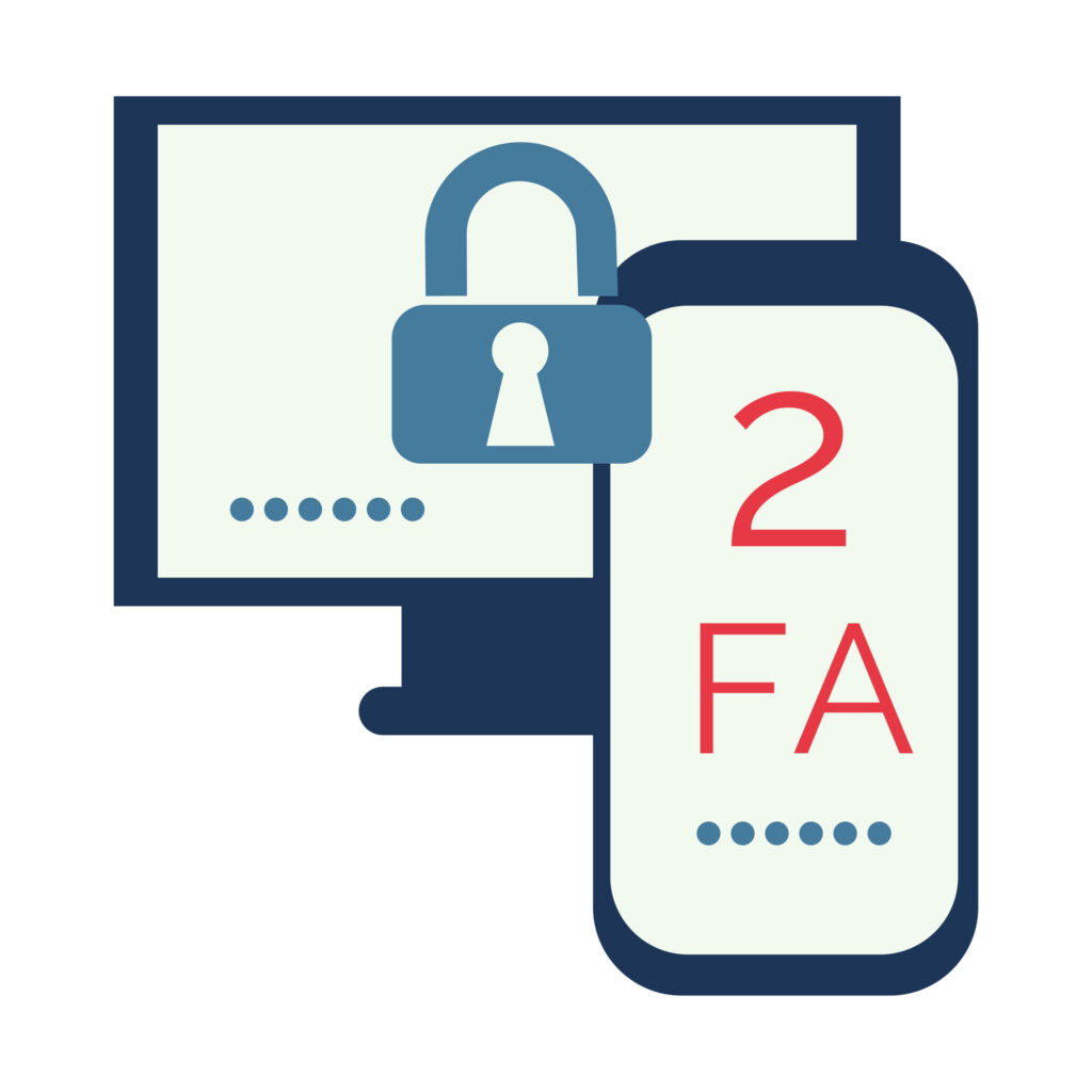 Two-factor authorization to log in. A smartphone and a computer with a lock. 2FA security check. Checking the login password.
