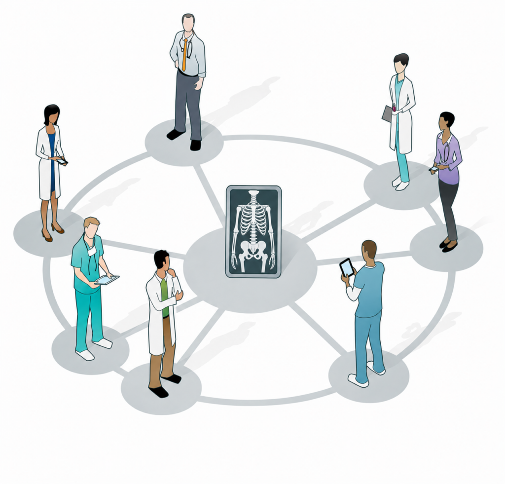 Illustration showing circle of care centered aroundan x-ray image celebrating the addition of physiotherapists to the HIA